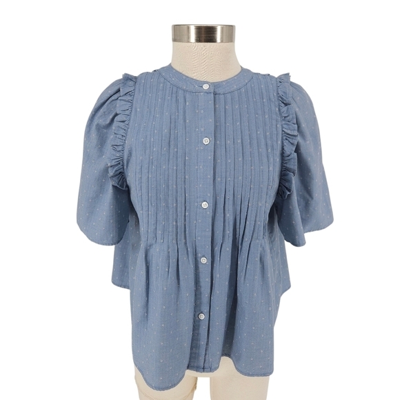 Joie Tops - JOIE Shirt Blue Polka Dot Pleated Ruffle Short Sleeve Button Up Top Blouse Small